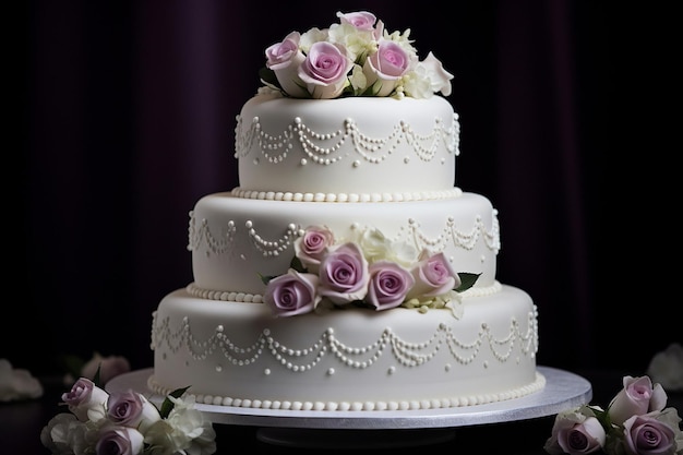 Un pastel de boda blanco de tres niveles