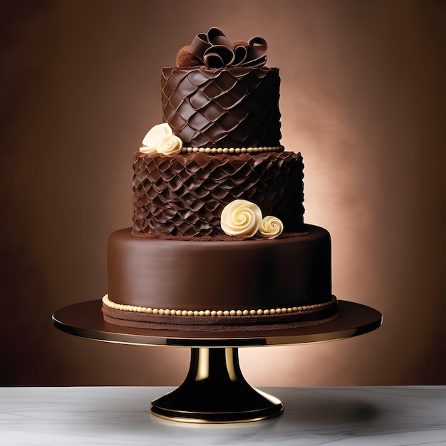 pastel de boda con chocolate y crema sobre un fondo marrón.