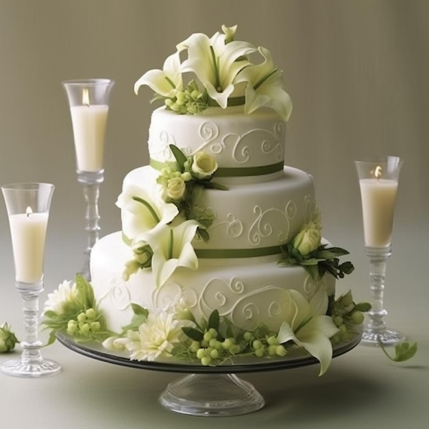 Pastel de boda decorado con flores blancas y eustoma.