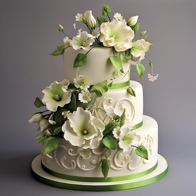 Pastel de boda decorado con flores blancas y eustoma.