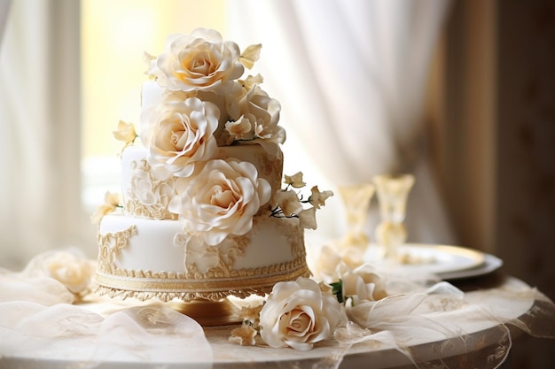 Foto pastel de boda con una estatuilla de los recién casados