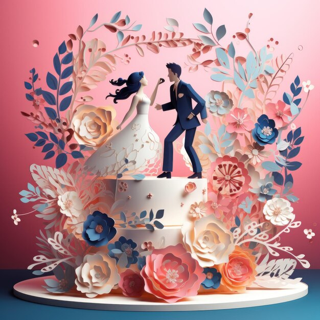 pastel de boda con una figura de la novia y el novio suite de figuras de baile divertidas en una boda de lujo pastel blanco decorado con flores cortadas en papel