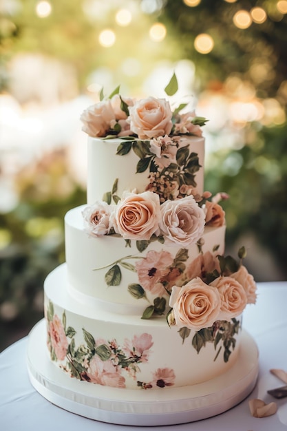 Pastel de boda floral elegante en un entorno de jardínxA