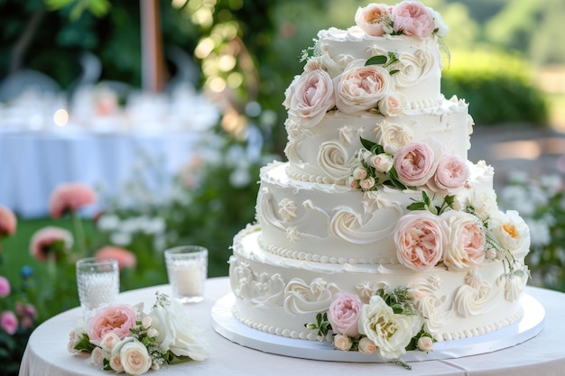 Pastel de boda floral elegante en un entorno de jardínxA