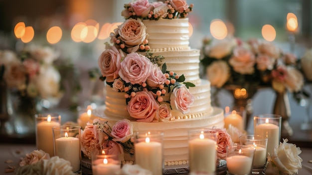 Pastel de boda con flores rosas y velas