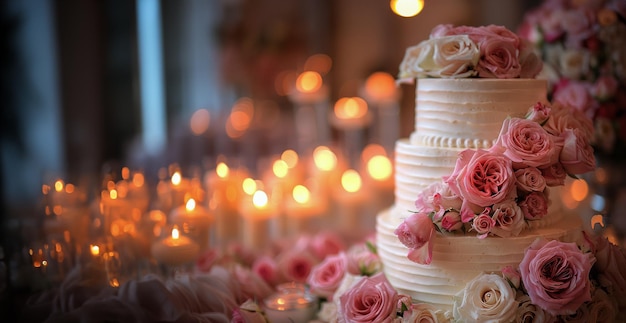 Pastel de boda con flores rosas y velas