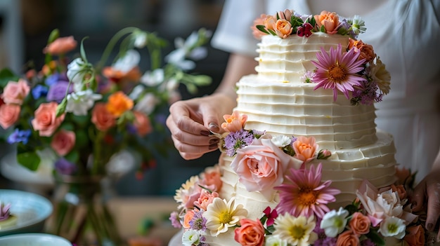 Un pastel de boda hermosamente decorado con flores comestibles