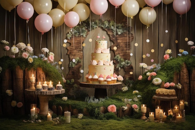 Un pastel de boda con un montón de globos y un pastel con un monton de globos en el fondo.