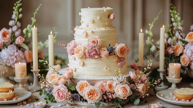 Pastel de boda rodeado de flores y velas