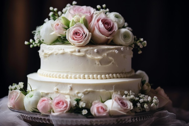 Pastel de boda con rosas y decoración en el plato