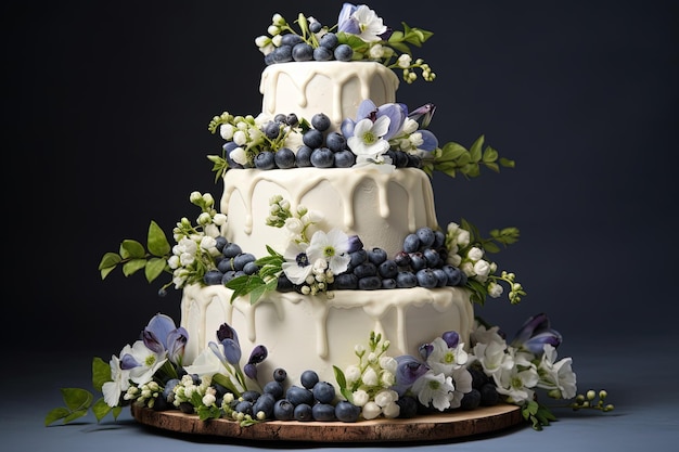 Pastel de bodas adornado con flores y arándanos.