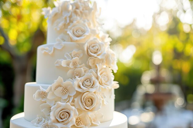 Pastel de bodas adornado con rosas iluminadas por el sol en GardenxA