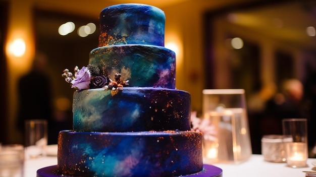 Un pastel de bodas azul con un diseño de galaxia.