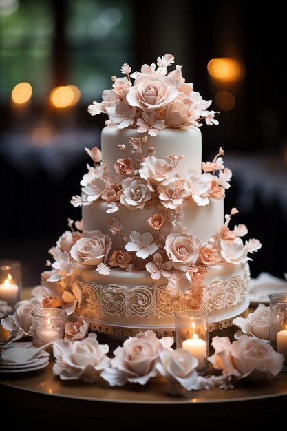 Pastel de bodas bellamente decorado con detalles intrincados