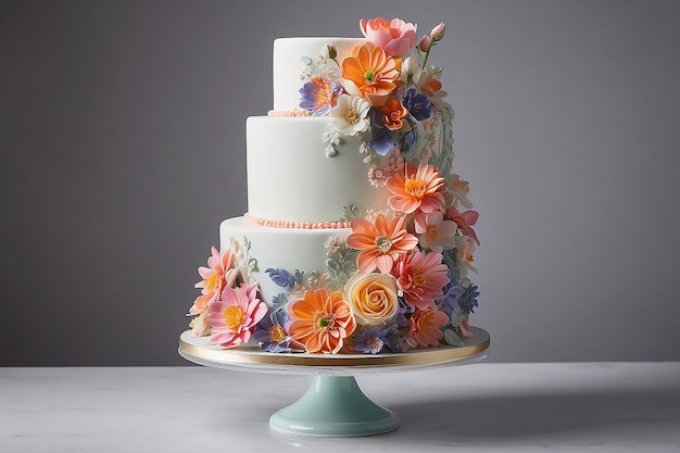 Pastel de bodas bellamente decorado con glaseado de fondant y flores.