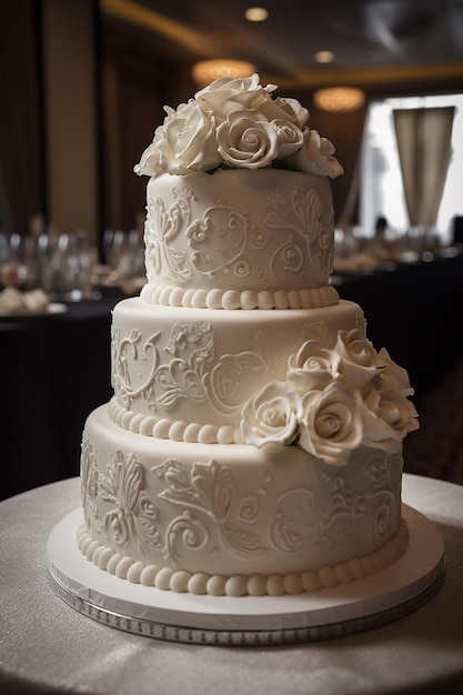 Un pastel de bodas blanco con flores blancas encima.