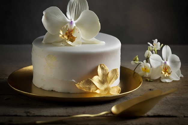 Pastel de Bodas Blanco Orquídea y Oro