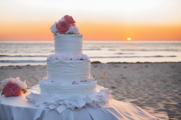 Pastel de bodas en la boda en la playa al atardecer