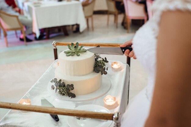 Pastel de bodas en la boda de los recién casados.