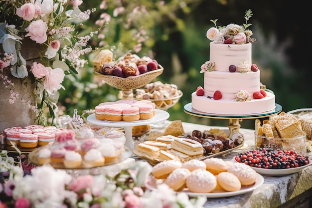 Pastel de bodas con decoración floral, celebración de fiestas y catering de postres navideños en un jardín campestre ai generativo