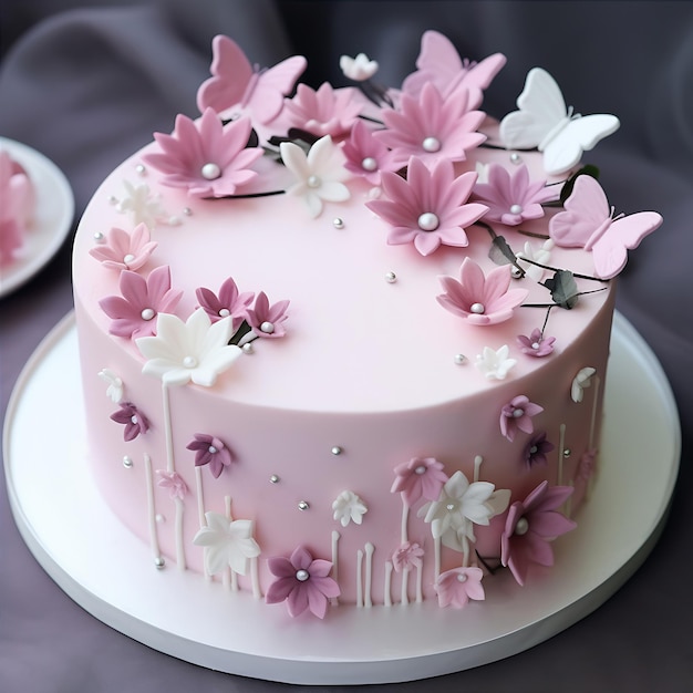 Pastel de bodas decorado con flores y mariposas sobre un fondo gris AI Generative