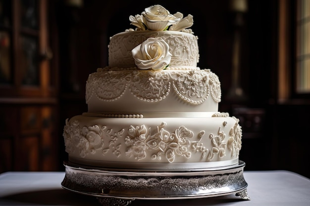 Foto pastel de bodas con delicadas filigranas y perlas creadas con ai generativo