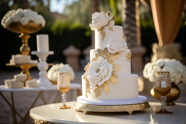 Pastel de bodas con detalles de flores en una mesa¿Qué significa pastel de bodas?