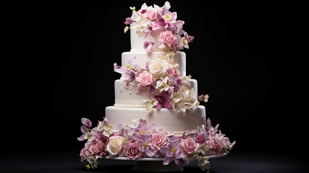 Pastel de bodas escalonado con flores.