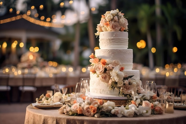 Un pastel de bodas con flores en la mesa