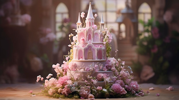 Un pastel de bodas imaginativo inspirado en cuentos de hadas y temas de fantasía.