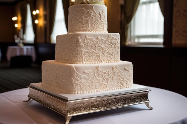 Pastel de bodas con intrincado patrón de encaje y pergaminos en el nivel superior creado con IA generativa