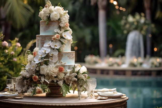 Un pastel de bodas junto a la fuente.