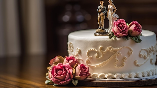 Un pastel de bodas con una pareja encima