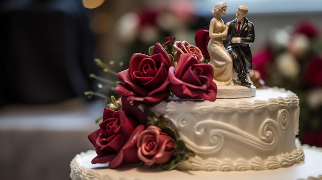 Un pastel de bodas con una pareja encima