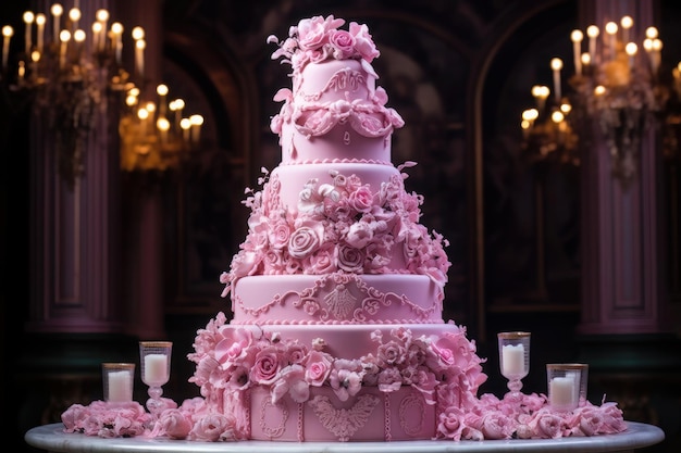 Pastel de bodas rosa con intrincadas decoraciones vida rosa