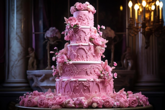 Pastel de bodas rosa con intrincadas decoraciones vida rosa