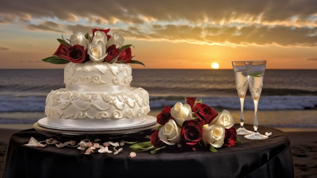 Un pastel de bodas con rosas y una copa de champán en la mesa en la playa al atardecer