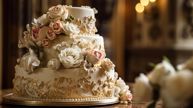 Un pastel de bodas con rosas