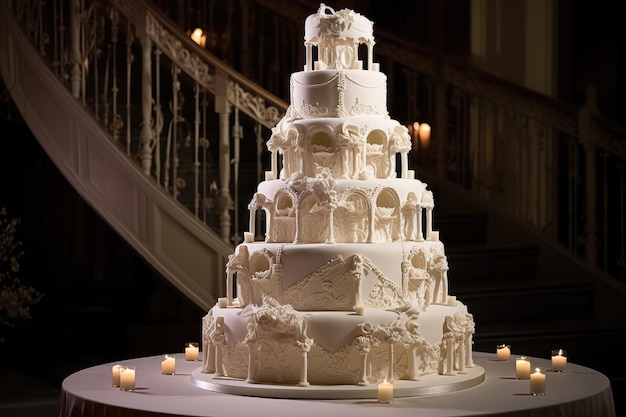 Un pastel de bodas de varios niveles con flores y velas está sobre la mesa en el restaurante