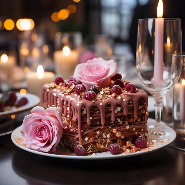 Un pastel con un bonito corazón rosa en la mesa de la cena