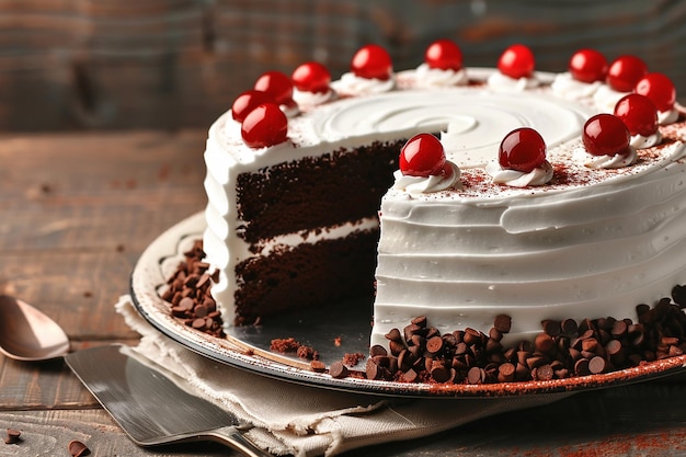 Pastel de bosque negro en un plato de cosecha