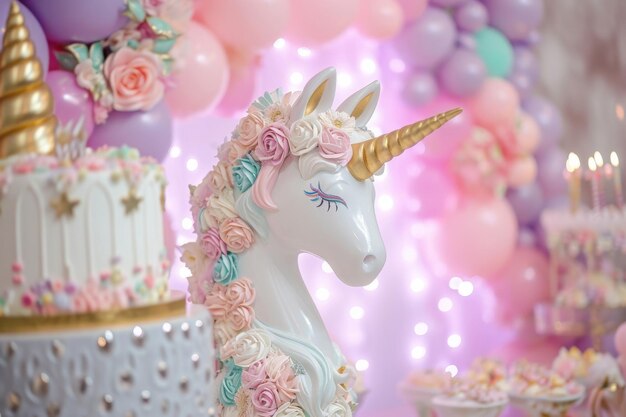 Foto un pastel con una cabeza de unicornio como pieza central se exhibe en una mesa añadiendo un toque mágico a la ocasión fiesta de cumpleaños mágica con un unicornio místico ai generado