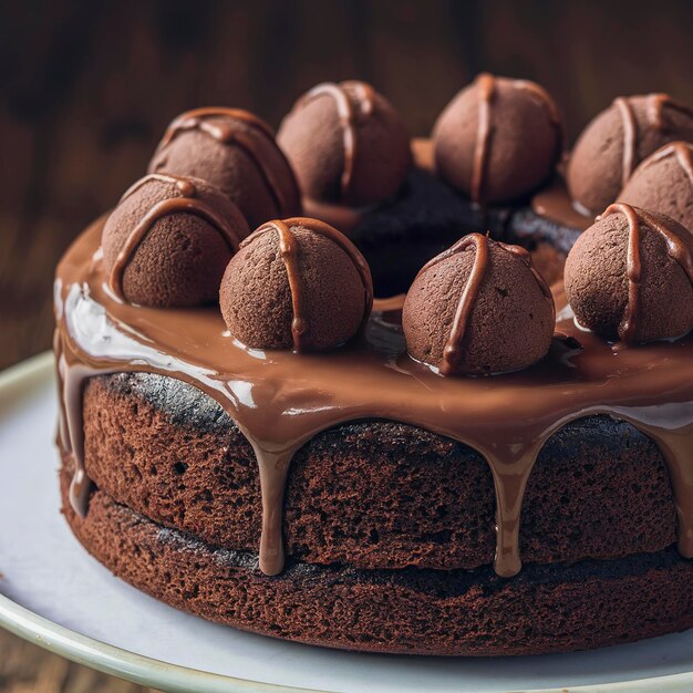 Pastel de café de chocolate con glaseado de ganache y trufas de chocolate