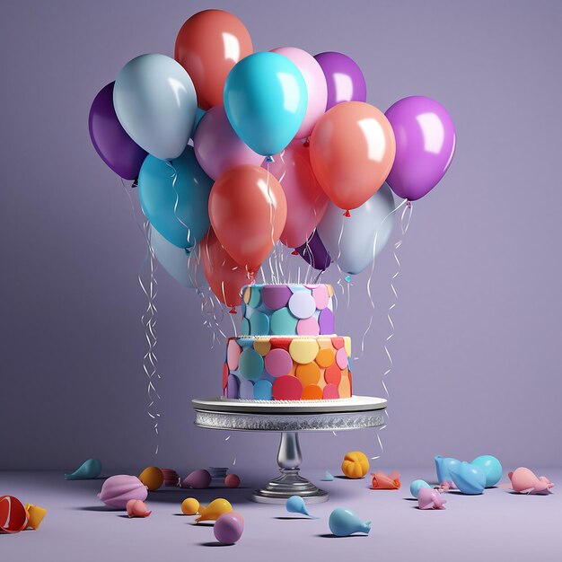 un pastel con una caja de globos de colores