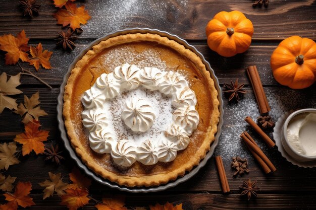 Pastel de calabaza de acción de gracias con repostería casera cubierta con crema batida y canela en respaldo rústico