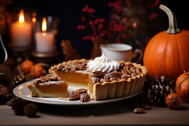 Pastel de calabaza americano tradicional con canela y menta Concepto de Acción de Gracias Generación de IA