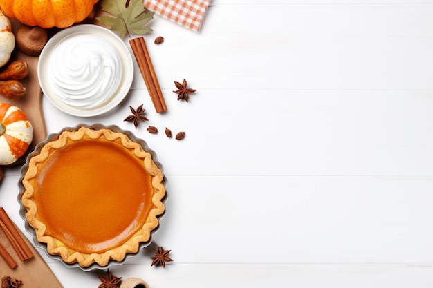 pastel de calabaza con crema batida y canela sobre una mesa blanca ai generativo