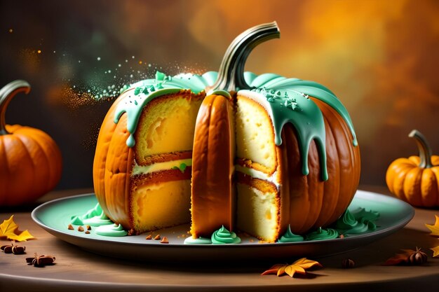 Foto pastel de calabaza con crema en forma de calabaz