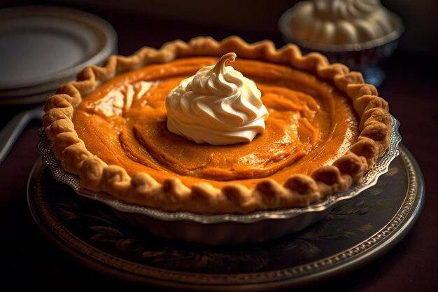 El pastel de calabaza recién horneado está en la mesa.