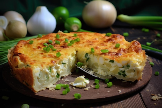 Pastel de campo con huevos cocidos y cebollas verdes